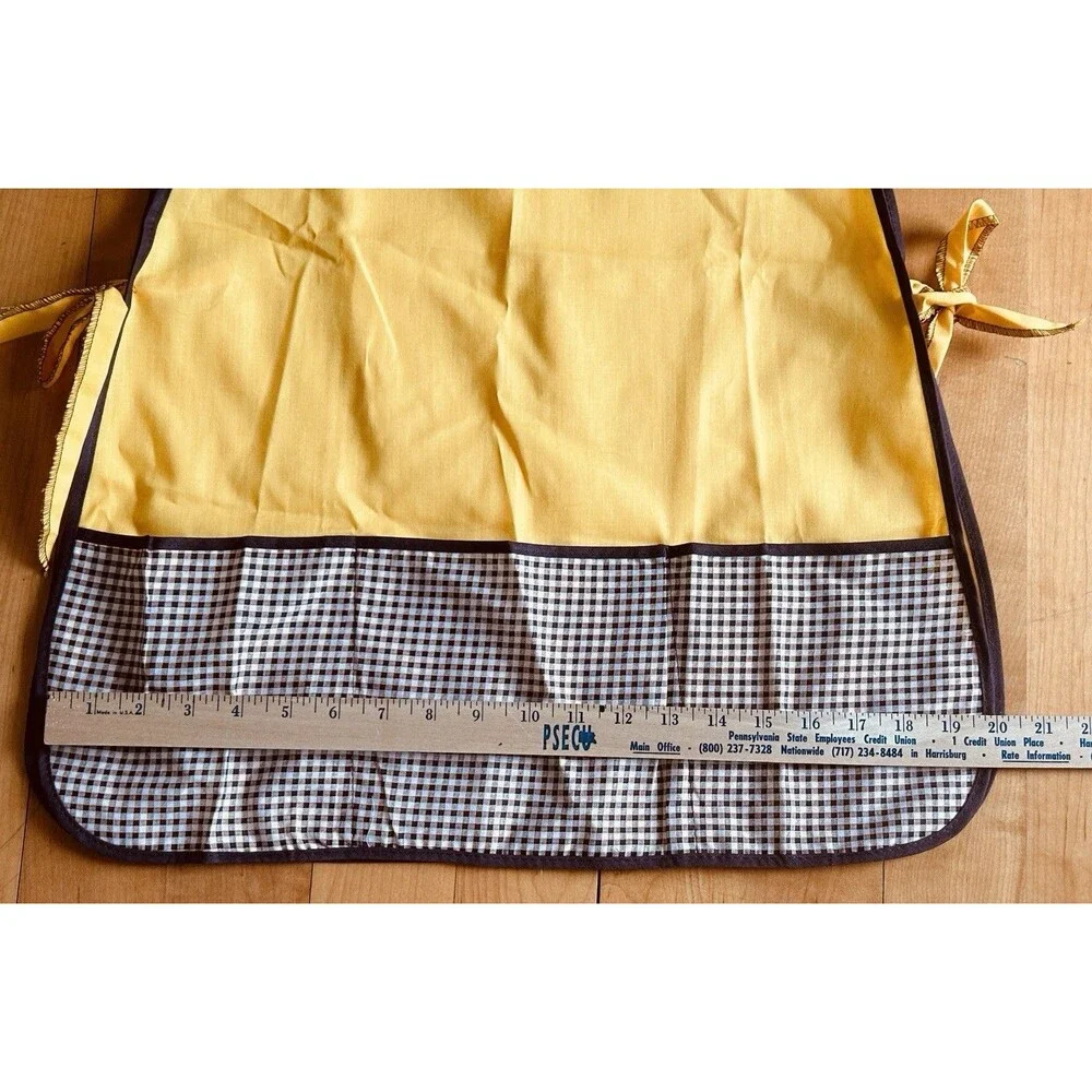Vtg Apron‎ Mustard Yellow & Brown 3 Pockets Homespun 1970 s Cottage Grandma Core